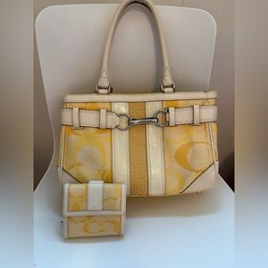 Coach Signature Stripe Satchel Side Handle Handbag Yellow & White